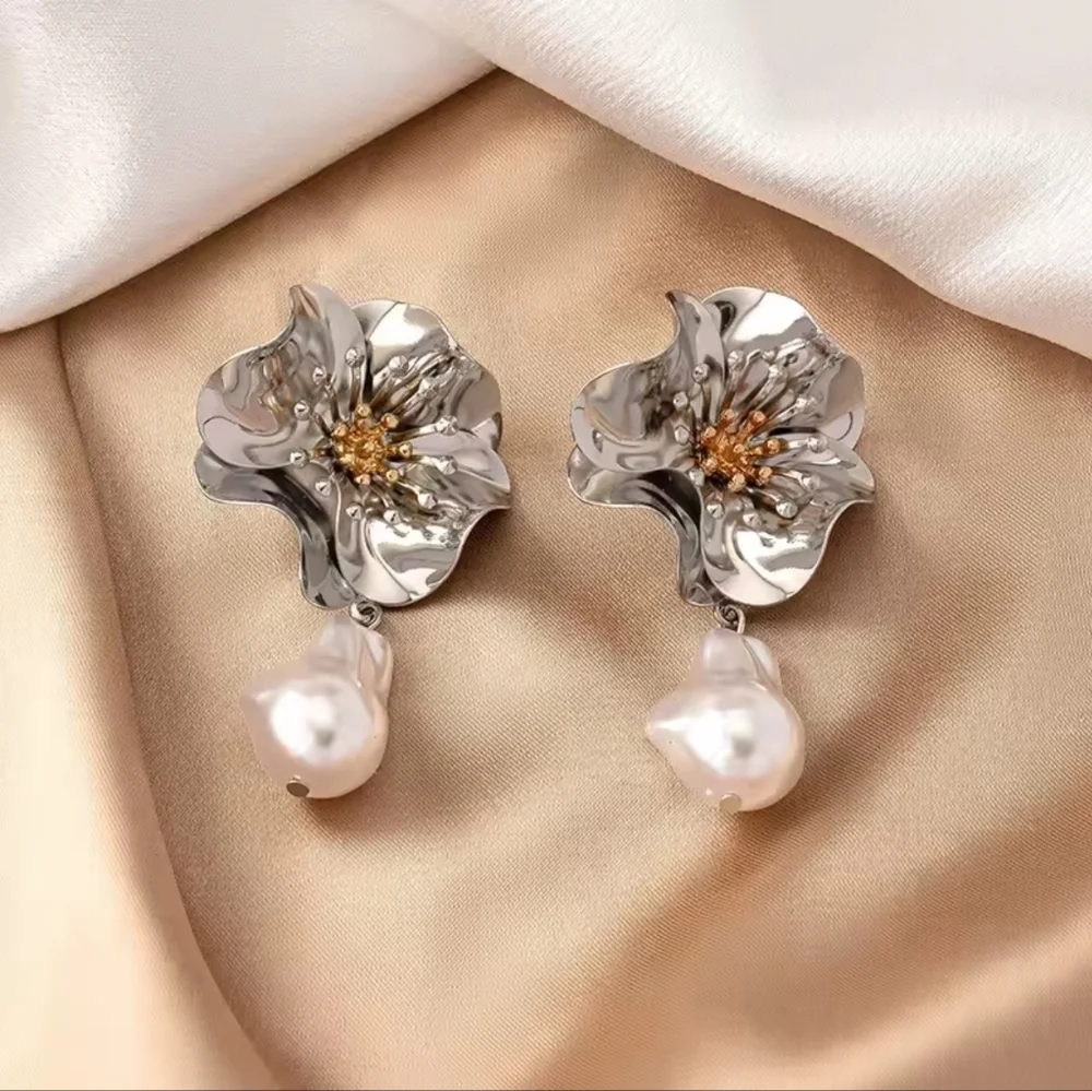 Silver and White Pearl Drop Earrings